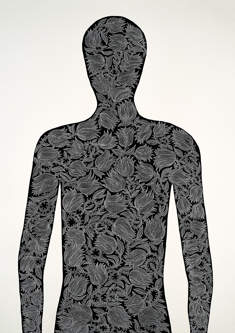 Anatomías 3<br/>Tinta china y rotulador sobre papel de la
India Khadi, hecho a mano a partir de
trapos reciclados.
2018.
80 x 200 cm