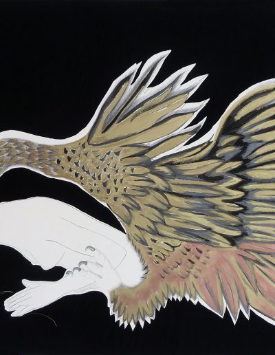 Ana DMatos. Paradisaeidae VI, 2016<br/>Graffiti, tinta, cera, hilo de oro y tela sobre papel Arches / Graffiti, ink, crayon, gold thred and fabric on Arches paper
